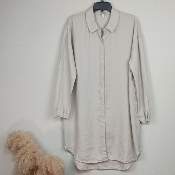 James Perse Women Sandy Beige Long Sleeve Button Down Linen Shirt Dress sz L - Picture 2 of 11